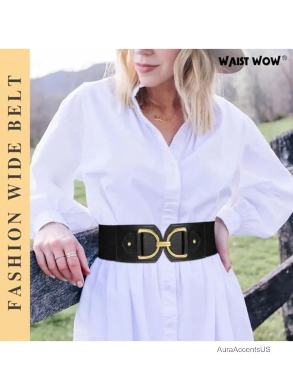 Faux Leather Wide Elastic Stretchy Belt for Dresses with Gold Buckle